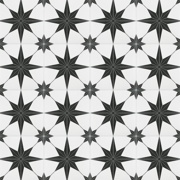 A repeating pattern of black eight-pointed stars on a white background, arranged in a grid. Each star has sharp, elongated points, creating a geometric and symmetrical design.