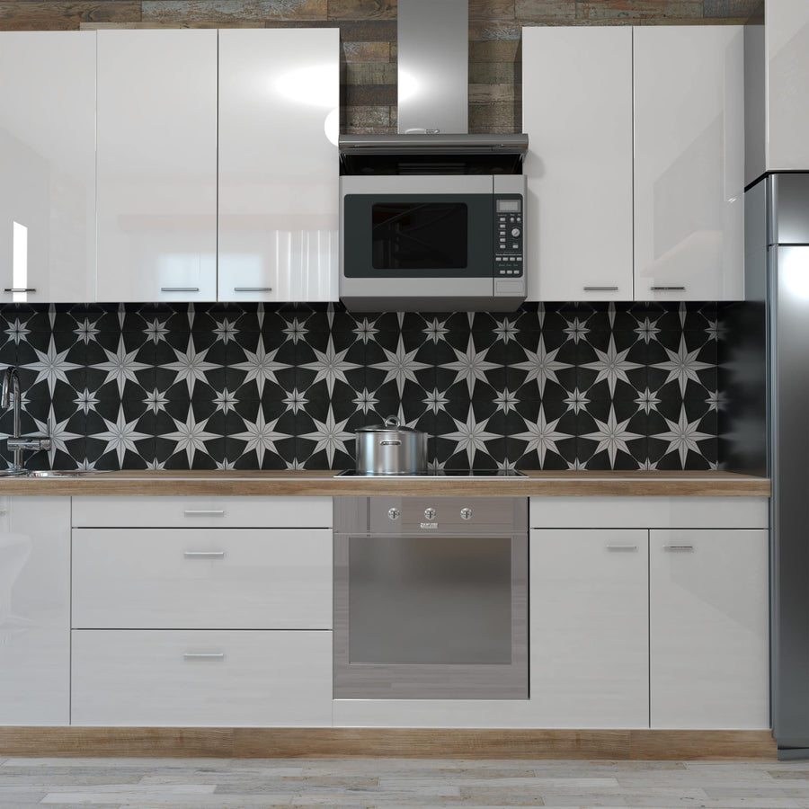 Modern kitchen with white cabinets, a black and white geometric tile backsplash, a stainless steel oven, a pot on the stove, a microwave above, and a silver refrigerator on the right.