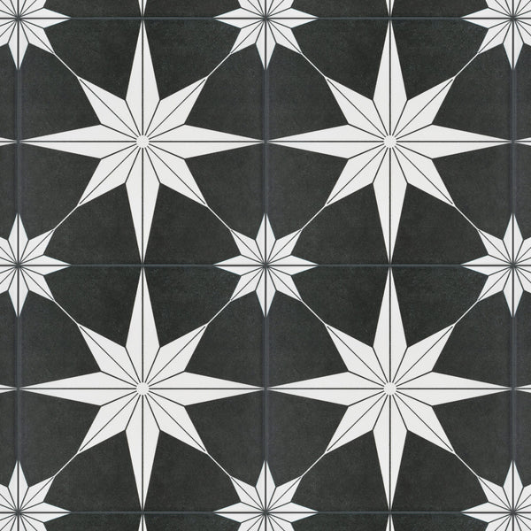 A repeating pattern of white eight-pointed stars on a black tiled background, with smaller white stars positioned at the intersections of the tiles.