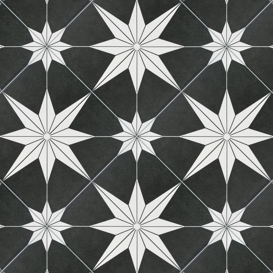 A repeating pattern of white eight-pointed stars on black tiles, each star having sharp, elongated points and thin black outlines, creating a geometric, symmetrical design.