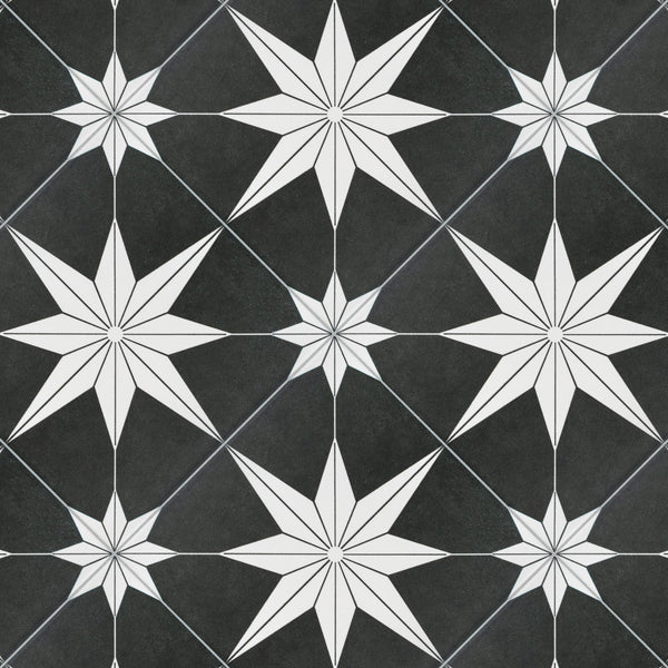 A repeating pattern of white eight-pointed stars on black tiles, each star having sharp, elongated points and thin black outlines, creating a geometric, symmetrical design.