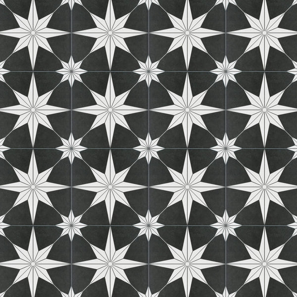 Black and white tile pattern featuring repeating eight-pointed stars. The stars are white with black outlines, set against a black background, creating a bold geometric design.