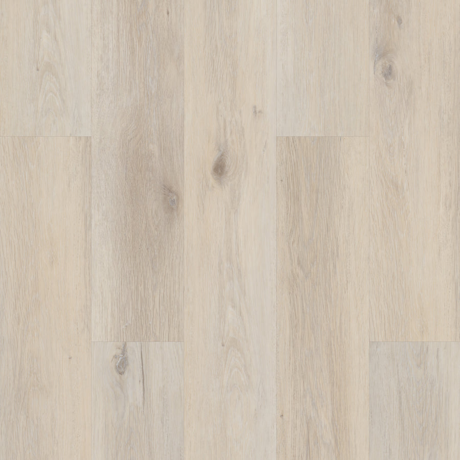 Coretec Pro Plus Vinyl features light-colored, rigid core planks with natural grain patterns and subtle knots in a staggered layout. Its smooth, durable surface offers waterproof luxury flooring in pale beige and grayish tones.