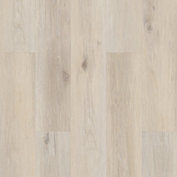 Coretec Pro Plus Vinyl features light-colored, rigid core planks with natural grain patterns and subtle knots in a staggered layout. Its smooth, durable surface offers waterproof luxury flooring in pale beige and grayish tones.