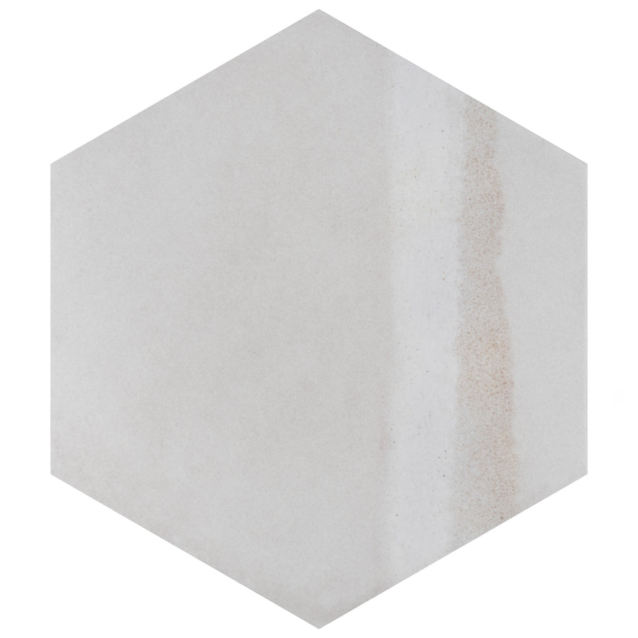 A hexagonal tile with a light gray surface featuring a subtle vertical streak of beige and light brown on the right side.