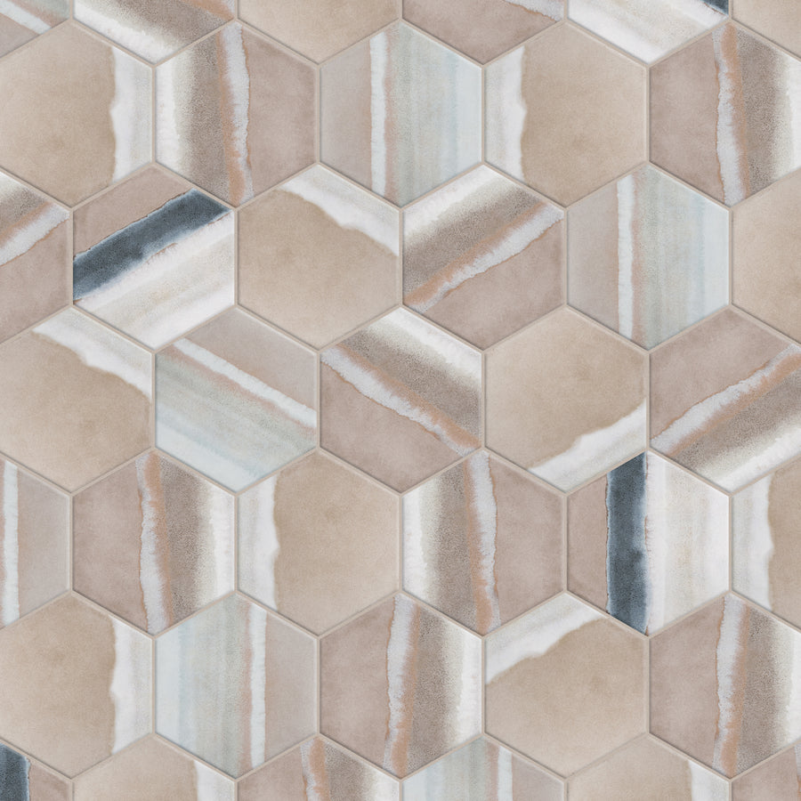 Hexagonal tiles with a mix of beige, brown, white, and blue-gray hues, arranged in a honeycomb pattern. Each tile has a unique gradient and watercolor-like streaks, creating a natural, textured look.