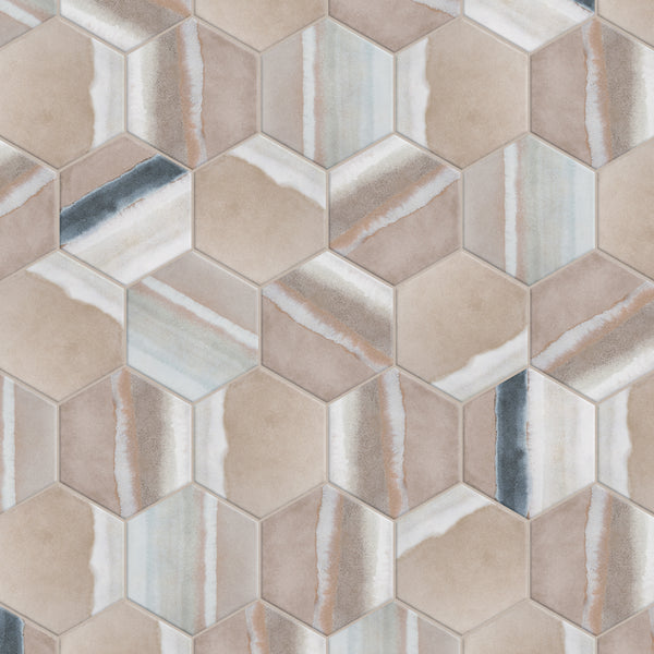 Hexagonal tiles with a mix of beige, brown, white, and blue-gray hues, arranged in a honeycomb pattern. Each tile has a unique gradient and watercolor-like streaks, creating a natural, textured look.
