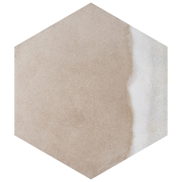 A hexagonal tile with a beige surface, featuring a subtle gradient effect that transitions to white along the right edge.