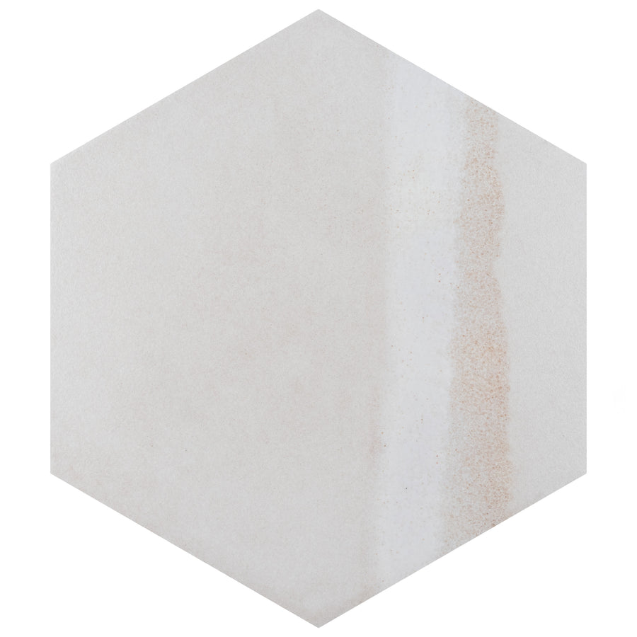 Hexagonal tile with a smooth, off-white surface featuring a subtle gradient of light beige and a faint vertical streak of tan on the right side.