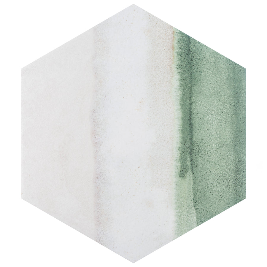 Hexagonal tile with a watercolor-style gradient, blending from white on the left to green on the right, with soft, textured transitions and a subtle speckled appearance.