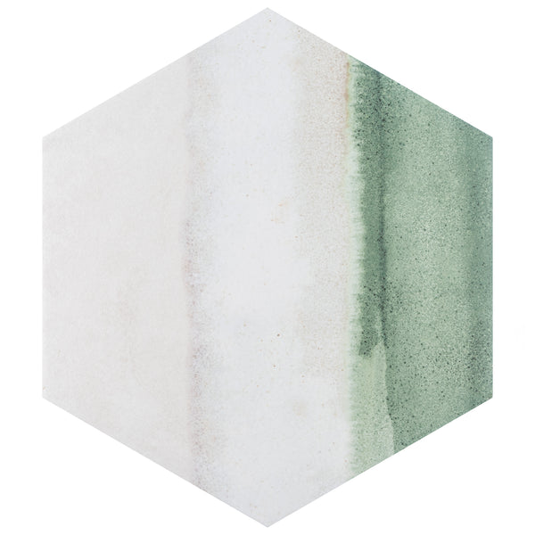 Hexagonal tile with a watercolor-style gradient, blending from white on the left to green on the right, with soft, textured transitions and a subtle speckled appearance.