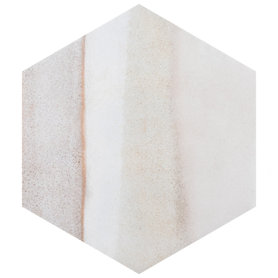 A hexagonal tile featuring soft, natural gradients of beige, white, and light brown, with subtle speckled and blended textures across the surface.