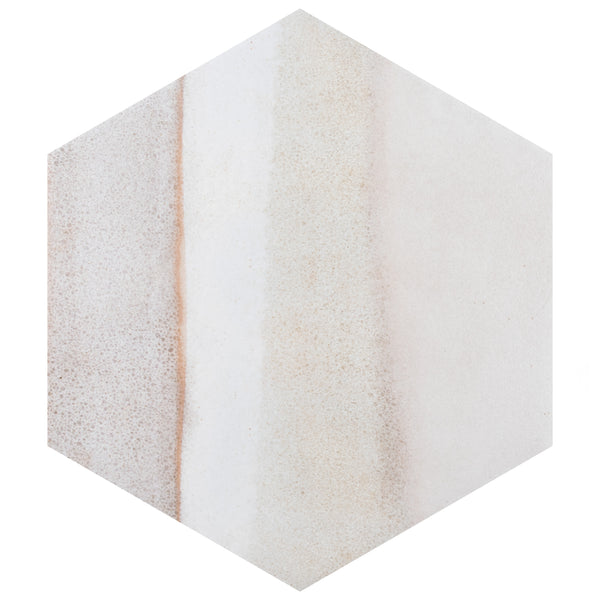 A hexagonal tile featuring soft, natural gradients of beige, white, and light brown, with subtle speckled and blended textures across the surface.