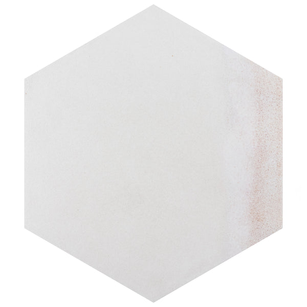 A white hexagonal tile with a subtle gradient of light brown shading along one edge, set against a plain white background.