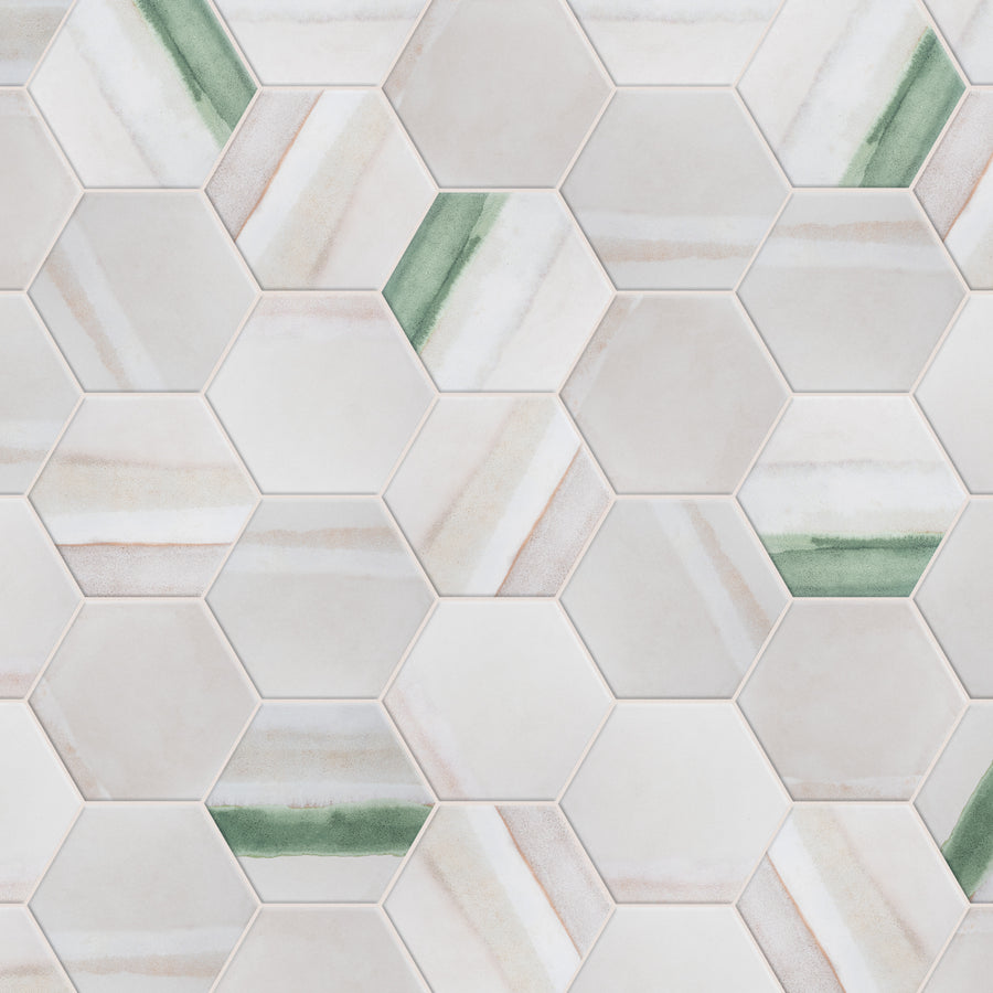 Hexagonal tiles in a repeating pattern, featuring mostly neutral beige and white tones with some tiles accented by diagonal green and tan stripes. The design creates a subtle, geometric look.