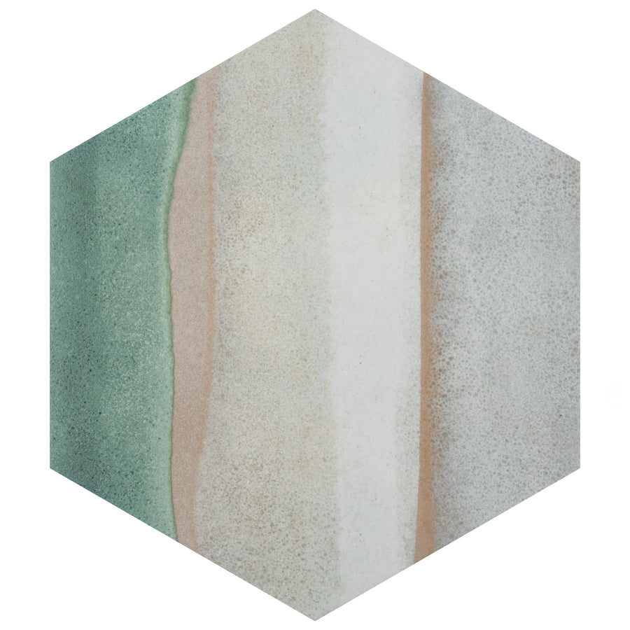 Hexagonal tile with vertical bands of green, tan, white, and gray blending softly into each other, creating a natural, watercolor-like effect.