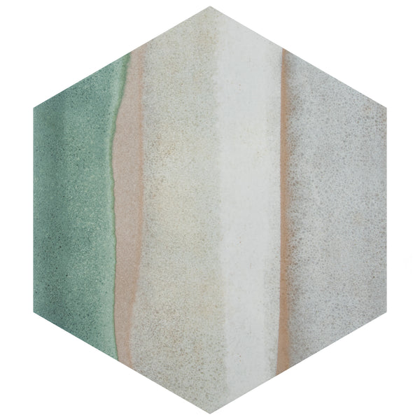 Hexagonal tile with vertical bands of green, tan, white, and gray blending softly into each other, creating a natural, watercolor-like effect.
