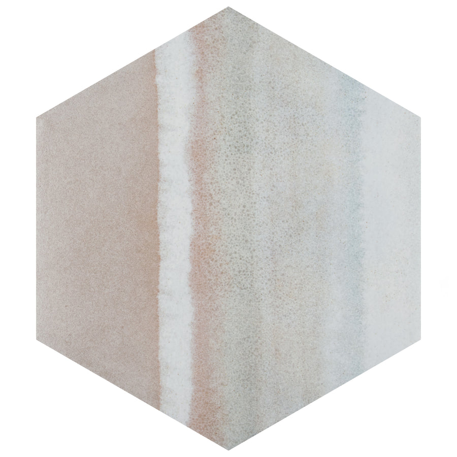Hexagonal tile with a soft, vertical gradient pattern in muted beige, peach, and light blue tones, resembling watercolor or sand and sea layers.