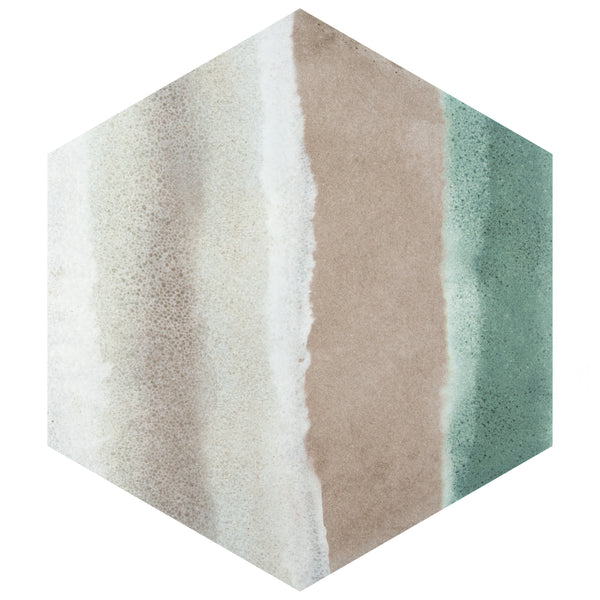 A hexagonal tile with vertical stripes in cream, beige, and greenish-blue tones, featuring a gradient, watercolor-like texture.