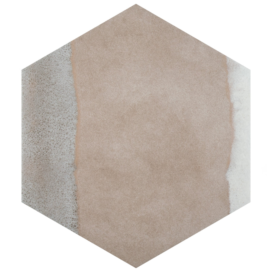 Hexagonal tile with a beige, sandy texture and a subtle gradient from a speckled light gray on the left to a smoother, creamy white edge on the right.