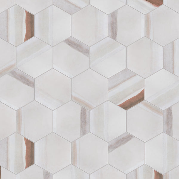 Hexagonal tiles arranged in a honeycomb pattern, featuring light beige, white, and subtle brownish stripes and accents, creating a geometric and modern design.
