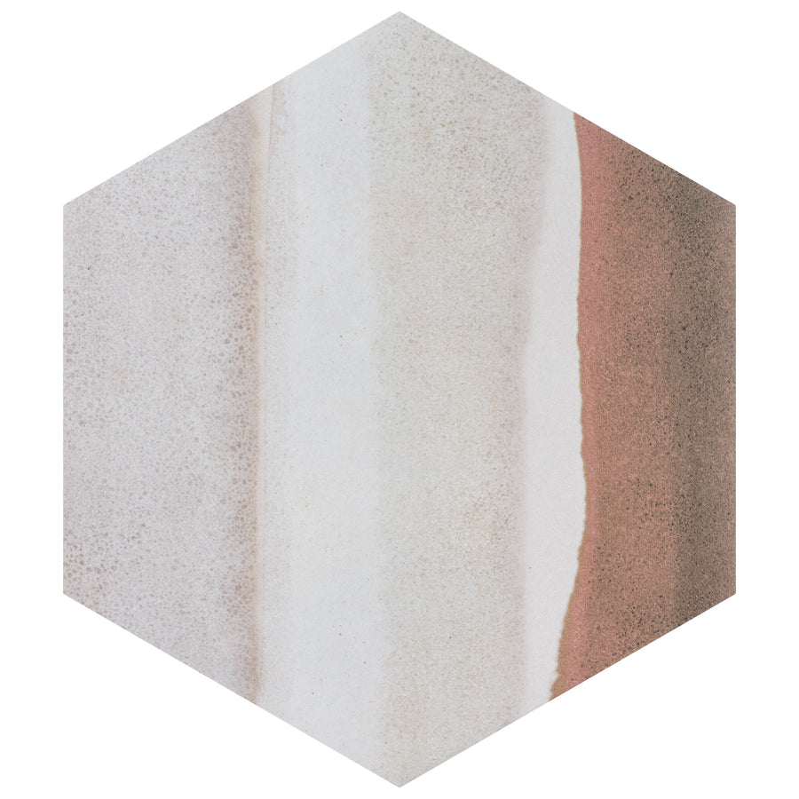 Hexagonal tile with vertical stripes in light grey, off-white, beige, and reddish-brown tones, featuring a soft, textured appearance.