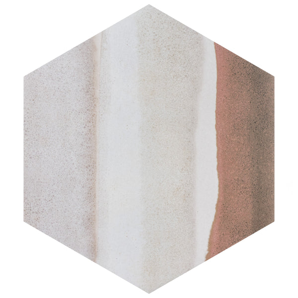 Hexagonal tile with vertical stripes in light grey, off-white, beige, and reddish-brown tones, featuring a soft, textured appearance.