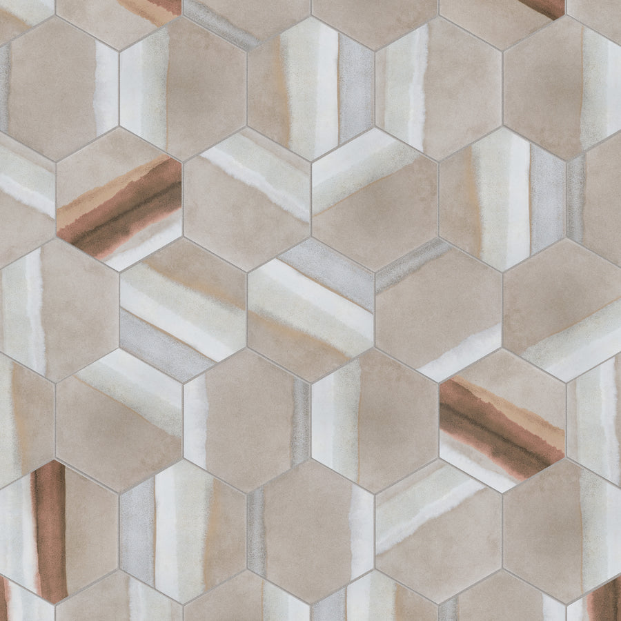 Hexagonal tiles in beige, brown, and white tones arranged in a repeating geometric pattern. Some tiles have diagonal stripes, while others are solid, creating a visually textured mosaic effect.