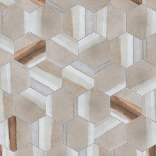 Hexagonal tiles in beige, brown, and white tones arranged in a repeating geometric pattern. Some tiles have diagonal stripes, while others are solid, creating a visually textured mosaic effect.