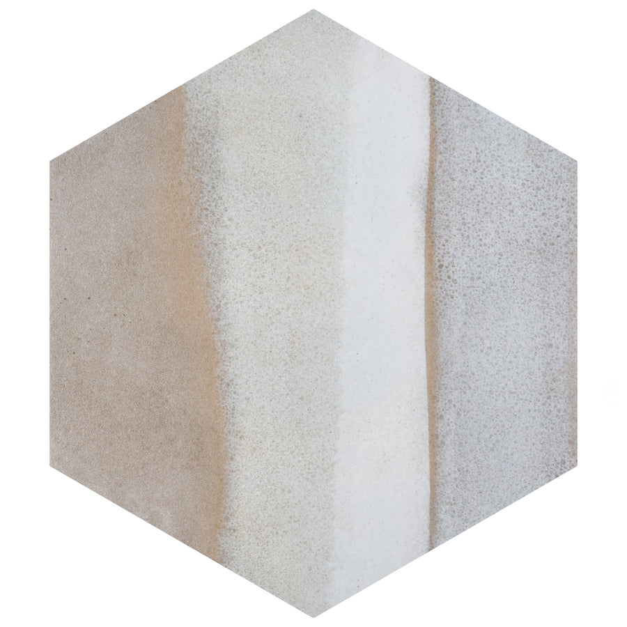 Hexagonal tile with a gradient pattern featuring beige, white, and light gray vertical stripes and speckled texture, set against a white background.