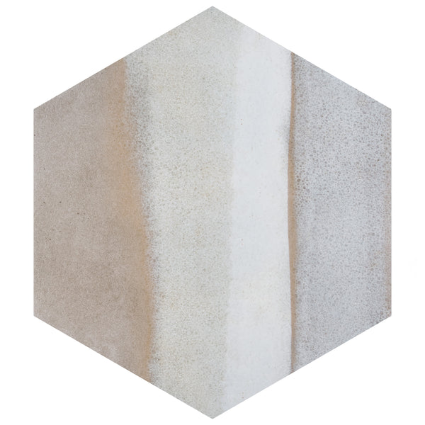 Hexagonal tile with a gradient pattern featuring beige, white, and light gray vertical stripes and speckled texture, set against a white background.