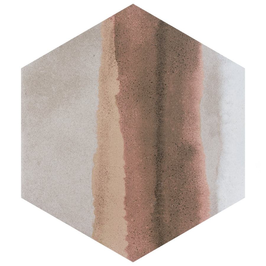Hexagonal tile with vertical, wavy stripes in beige, brown, reddish-brown, and light gray, creating a textured, layered stone-like appearance.