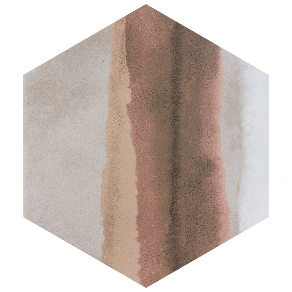 Hexagonal tile with vertical, wavy stripes in beige, brown, reddish-brown, and light gray, creating a textured, layered stone-like appearance.