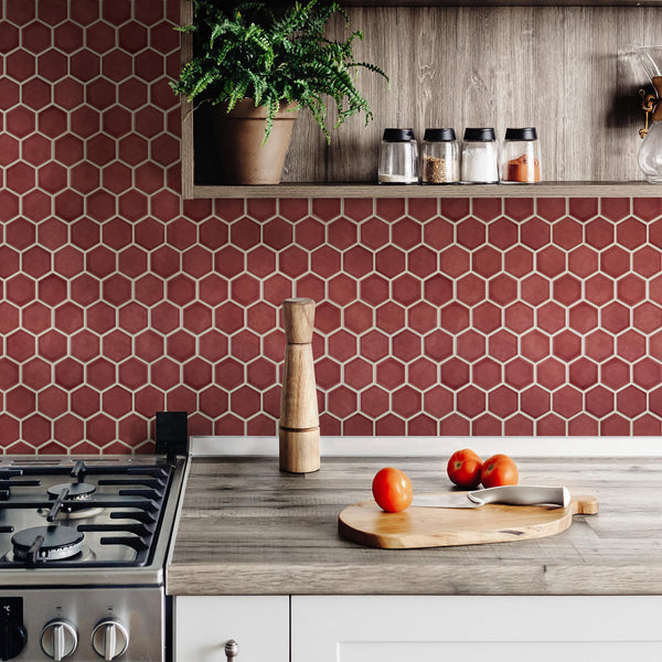 A kitchen with a red hexagon tile backsplash, a gas stove, wooden countertop, wooden pepper mill, cutting board with tomatoes, a potted plant, and jars of spices on a wooden shelf.