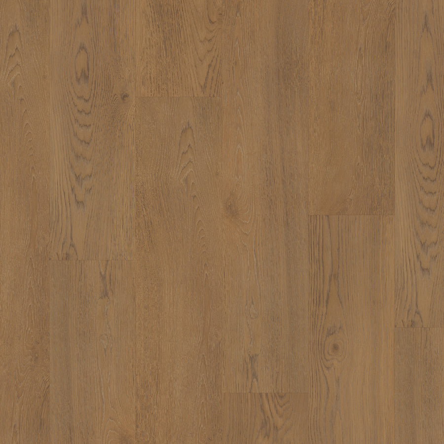 Close-up of Coretec Pro Plus HD 7" Vinyl Plank flooring in warm brown, highlighting natural wood grain and knots. The planks are aligned for a stylish, textured look that's waterproof and durable.