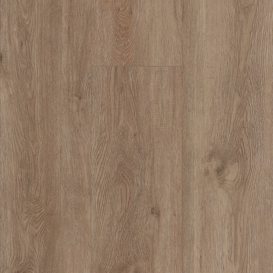 A close-up view of Coretec Plus XL Enhanced Vinyl flooring shows its light brown color, visible wood grain, and natural texture, emphasizing the appeal of this waterproof luxury vinyl plank.
