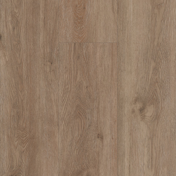 A close-up view of Coretec Plus XL Enhanced Vinyl flooring shows its light brown color, visible wood grain, and natural texture, emphasizing the appeal of this waterproof luxury vinyl plank.