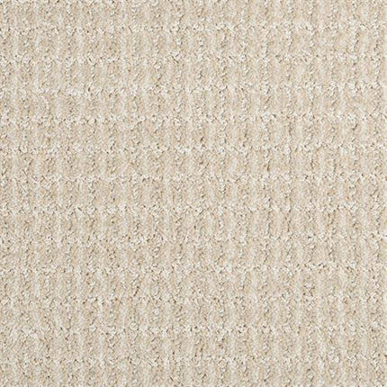 Close-up of Yucatan Pet Friendly Carpet in Fall Aspen, showing its soft, beige, grid-like textured weave. The durable material is slightly fuzzy and designed to be both pet friendly and stain resistant.