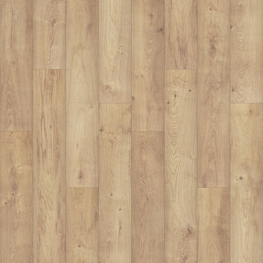Norella Veil 7 1/2" Waterproof Laminate in Fawn Oak features light brown planks with natural grain and subtle knots. The smooth, durable surface offers beige to warm tan wood tones with advanced waterproof technology.
