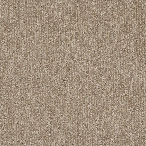 Close-up of Finishing Touch Berber Carpet in Shortbread, featuring a textured, looped pile and subtle linear pattern. The soft, even surface is perfect for high-traffic areas in homes or offices.