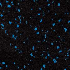 A close-up of the Fitness Flooring 4x50 High Performance Rubber Roll shows a black rubber surface with scattered, irregular bright blue specks, typical of durable composite materials used for fitness flooring.
