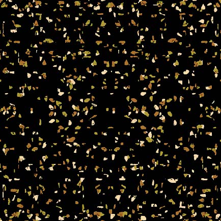 The Fitness Flooring 4x25 High Performance Rubber Roll features a black base with small, scattered leaf-like shapes in brown, tan, and olive green for a subtle, symmetric pattern—perfect for modern fitness spaces.