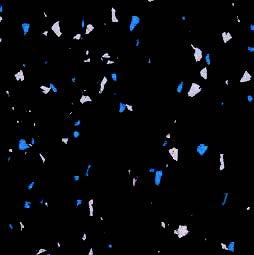 The Fitness Flooring 4x25 High Performance Rubber Roll features a black surface with small blue and white speckles, resembling terrazzo—perfect for stylish and durable rubber flooring in fitness or gym settings.