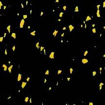 Small yellow fragments are scattered across a solid black background, mimicking the speckled style featured in the Fitness Flooring 4x25 High Performance Rubber Roll.