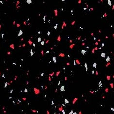 Featuring a black background with scattered red and white specks, the Fitness Flooring 4x25 High Performance Rubber Roll offers an abstract confetti-like look, reminiscent of durable interlocking gym tiles.