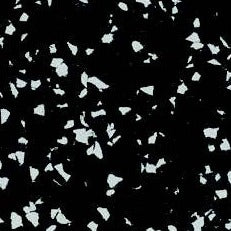 The Fitness Flooring 4x50 High Performance Rubber Roll features irregular white specks scattered across a solid black surface, creating a terrazzo-like look similar to interlocking fitness flooring tiles.