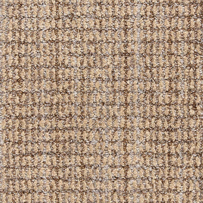 Close-up of Aspen Berber Carpet in Flax color, featuring a tight, looped weave with a grid-like pattern for a durable, textured surface.
