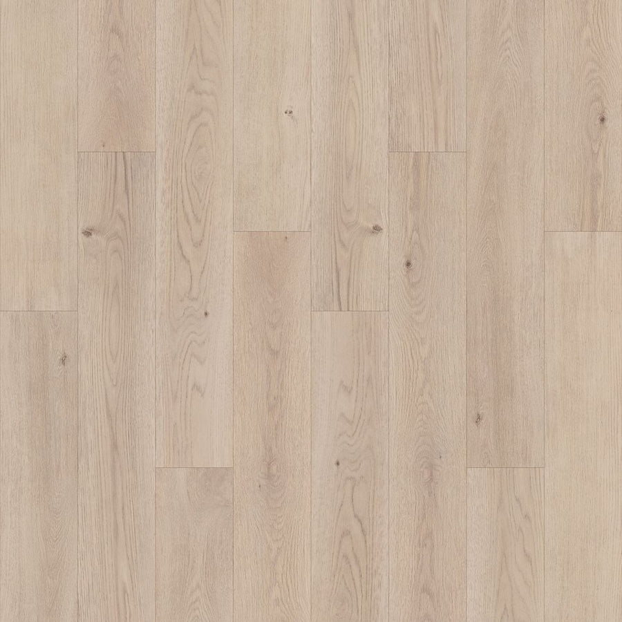 Woodlette Estates 7 1/2" Waterproof Laminate in Flint Stone Oak features a light tone, natural grain, and subtle knots in staggered planks. Its smooth, modern finish is both durable and suitable for various interior spaces.