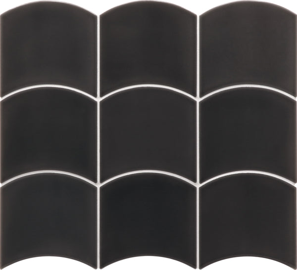 The Flow Motion 5x5 Glazed Ceramic Tile showcases a premium black mosaic of rounded arch shapes with straight sides, arranged in two rows of three. White grout outlines each tile to form a striking, modern grid pattern.