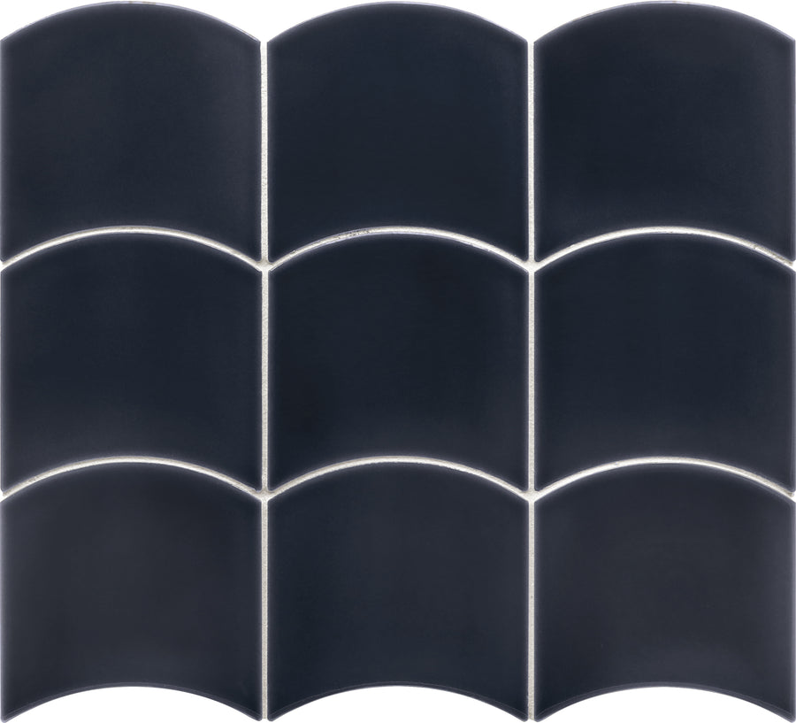 Flow Motion 5x5 Glazed Ceramic Tiles arranged in a 3x3 grid, each with a unique arch-like top edge and crisp white grout lines between them, shown here in premium dark blue.